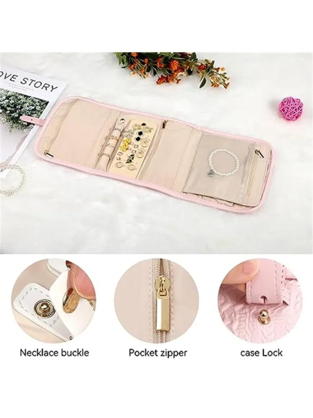 Travel Jewelry Organizer Roll Pouch Necklace Earring Ring Holder Light Pink